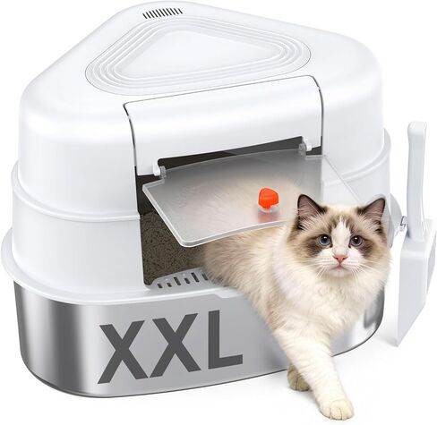 Chumajor XXL Stainless Steel Corner Cat Litter Box with Lid - Sturdy, No Odor & Space-Saving Hidden Design for Large Cats, Grey in Kuwait