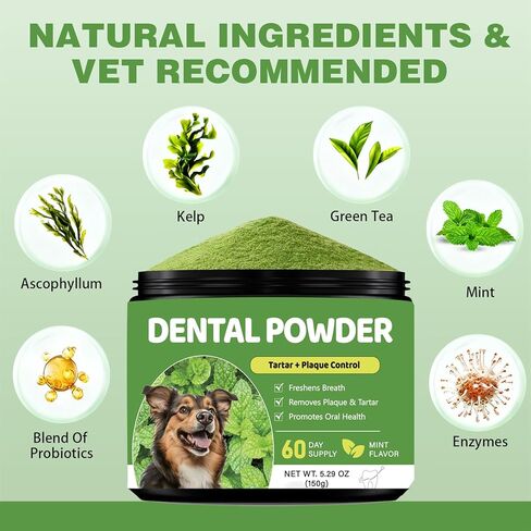 Dog Teeth Cleaning Powder, Dental Powder for Dogs Teeth Cleaning and Breath Fresh, Dog Tartar and Plaque Remover for Dental Care with Enzyme, Probiotics - Targets Tartar & Bad Breath - 150g in Kuwait