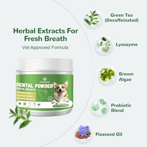 Dog Teeth Cleaning Powder, Dog Dental Powder for Tartar Remove & Plaque Off, Fresh Breath for Dogs with Natural Plant Blend, Enzymes and Probiotics, 150g in Kuwait
