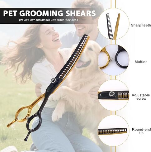 7" Curved Chunker Dog Grooming Scissors, 21 Teeth T-Shape (70% Thinning), Black & Gold Pet Shear, Professional Texturizing Scissors for Dogs, Professional Ergonomic Handle, 6Cr13 Stainless Steel in Kuwait