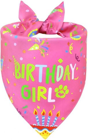 Dog Birthday Girl Bandana for Small Dogs - Reversible Pink Confetti Tie-On Scarf, Happy Birthday Party Outfit Puppy Gift, 9-14" Neck in Saudi Arabia
