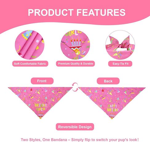 Dog Birthday Girl Bandana for Small Dogs - Reversible Pink Confetti Tie-On Scarf, Happy Birthday Party Outfit Puppy Gift, 9-14" Neck in Saudi Arabia