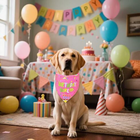 Dog Birthday Girl Bandana for Small Dogs - Reversible Pink Confetti Tie-On Scarf, Happy Birthday Party Outfit Puppy Gift, 9-14" Neck in Saudi Arabia