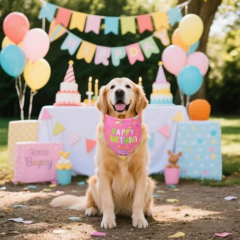 Dog Birthday Girl Bandana for Small Dogs - Reversible Pink Confetti Tie-On Scarf, Happy Birthday Party Outfit Puppy Gift, 9-14" Neck in Saudi Arabia