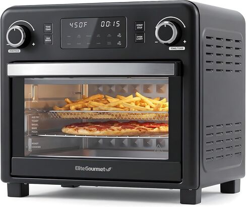 فرن محمصة مقلاة هوائية من Elite Gourmet EAF9320 سعة 23 لتر، فرن كونترتوب حراري رقمي 10 في 1، سرعات مروحة مزدوجة، قلي بالهواء، خبز، شواء، خبز محمص، تجفيف، 1600 وات مع رف قلي هوائي، رف ومقلاة خبز، أسود in Kuwait