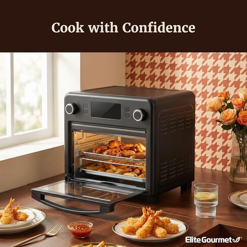 فرن محمصة مقلاة هوائية من Elite Gourmet EAF9320 سعة 23 لتر، فرن كونترتوب حراري رقمي 10 في 1، سرعات مروحة مزدوجة، قلي بالهواء، خبز، شواء، خبز محمص، تجفيف، 1600 وات مع رف قلي هوائي، رف ومقلاة خبز، أسود in Kuwait
