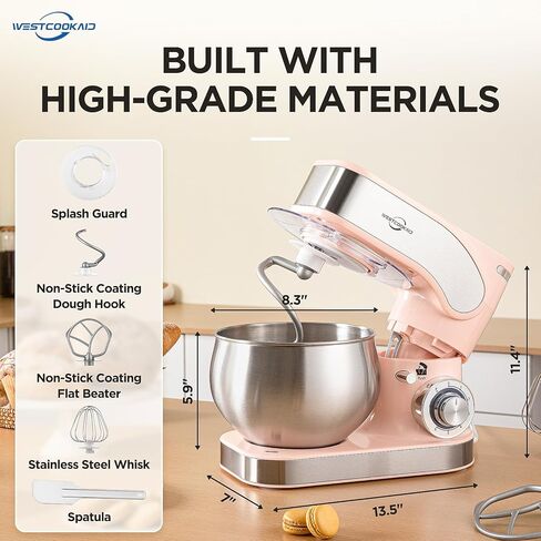 Electric Stand Mixer, 5.3QT Kitchen Mixer, 6+P Speed Tilt-Head Electric Food Mixers with Egg Cream Whisk, Dough Hook, Flat Beater, Bread Dough Mixer for Baking, Pink in Kuwait