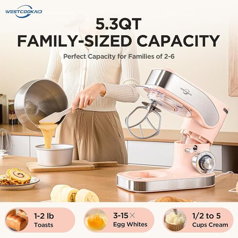Electric Stand Mixer, 5.3QT Kitchen Mixer, 6+P Speed Tilt-Head Electric Food Mixers with Egg Cream Whisk, Dough Hook, Flat Beater, Bread Dough Mixer for Baking, Pink in Kuwait