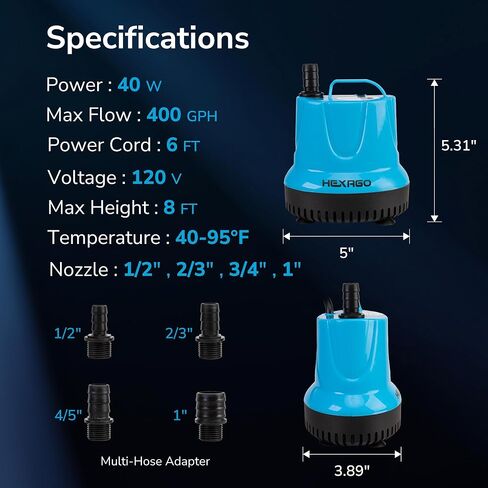 Hexago 400GPH Submersible Water Pump, 40W Fountain Pump with 8FT Max Lift, Quiet Small Sump Pump for Pond, Aquarium, Hydroponics, Waterfall, Fish Tank in Saudi Arabia