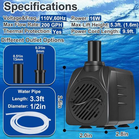 SongLong 200GPH(750L/H) 9.9ft Power Cord Submersible Pump, Water Fountain Pump with 5.3ft Lift for Ponds, Water Fountains, Aquariums & Hydroponics. in Kuwait