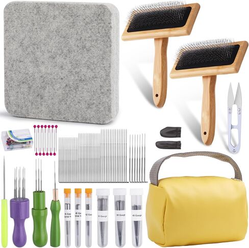 kdafio 74 Needle Felting Tools, Needle Felting Kit with Hand Carders Wooden Wool Carders Needle Felting with Wool Needle Leather Finger Protector for DIY Felting Wool Projects in Saudi Arabia