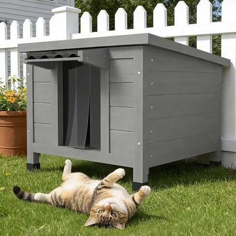 TIMHAKA Outdoor Cat House Weatherproof, Large Feral Cat Shelter with Raised Floor, Sloped Roof & PVC Door Flaps, Wooden Outdoor Cat Enclosure for Feral Cats, 21.3" L x 19.9" W x 18.9" H, Grey in Kuwait