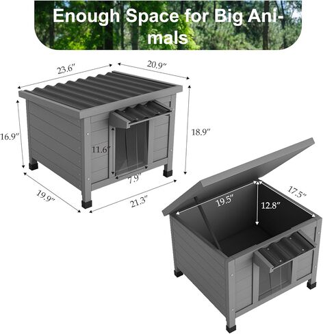TIMHAKA Outdoor Cat House Weatherproof, Large Feral Cat Shelter with Raised Floor, Sloped Roof & PVC Door Flaps, Wooden Outdoor Cat Enclosure for Feral Cats, 21.3" L x 19.9" W x 18.9" H, Grey in Kuwait