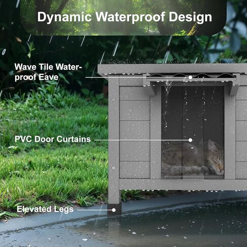 TIMHAKA Outdoor Cat House Weatherproof, Large Feral Cat Shelter with Raised Floor, Sloped Roof & PVC Door Flaps, Wooden Outdoor Cat Enclosure for Feral Cats, 21.3" L x 19.9" W x 18.9" H, Grey in Kuwait