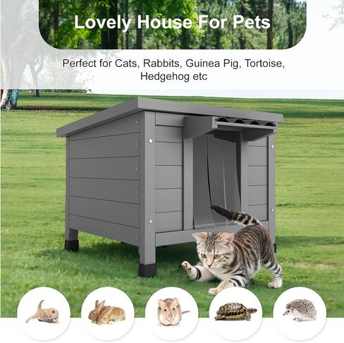 TIMHAKA Outdoor Cat House Weatherproof, Large Feral Cat Shelter with Raised Floor, Sloped Roof & PVC Door Flaps, Wooden Outdoor Cat Enclosure for Feral Cats, 21.3" L x 19.9" W x 18.9" H, Grey in Kuwait