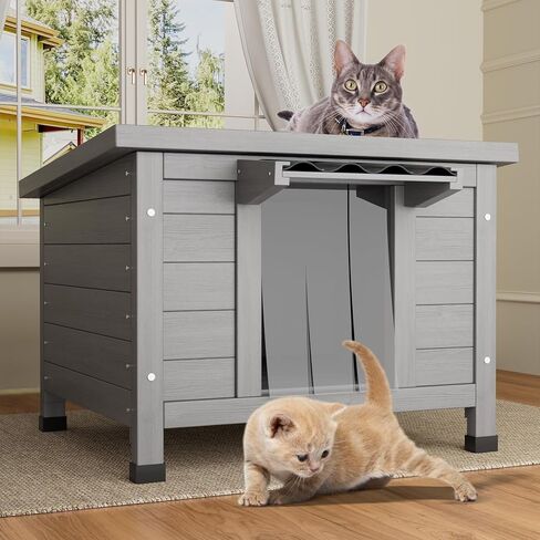 TIMHAKA Outdoor Cat House Weatherproof, Large Feral Cat Shelter with Raised Floor, Sloped Roof & PVC Door Flaps, Wooden Outdoor Cat Enclosure for Feral Cats, 21.3" L x 19.9" W x 18.9" H, Grey in Kuwait