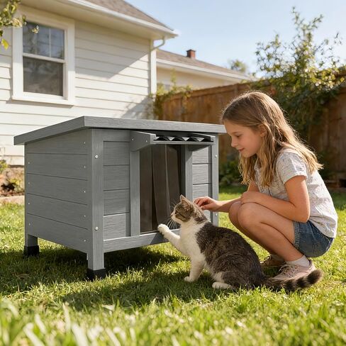 TIMHAKA Outdoor Cat House Weatherproof, Large Feral Cat Shelter with Raised Floor, Sloped Roof & PVC Door Flaps, Wooden Outdoor Cat Enclosure for Feral Cats, 21.3" L x 19.9" W x 18.9" H, Grey in Kuwait