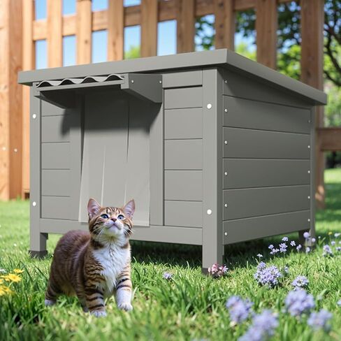 TIMHAKA Outdoor Cat House Weatherproof, Large Feral Cat Shelter with Raised Floor, Sloped Roof & PVC Door Flaps, Wooden Outdoor Cat Enclosure for Feral Cats, 21.3" L x 19.9" W x 18.9" H, Grey in Kuwait