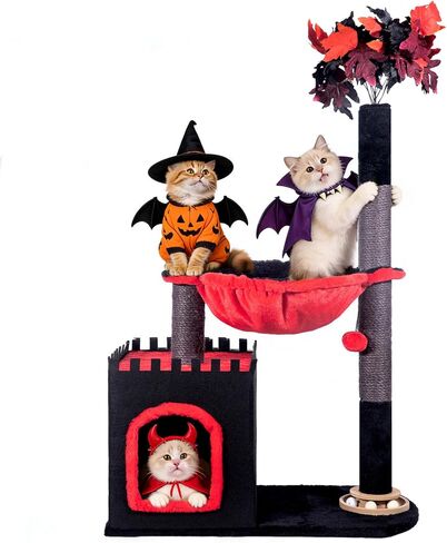 Cat Tree 38" Tower with Large Hammock, Scratching Post for Indoor Cats with Condo, Cat Furniture Track Balls and Bouncy Ball, Red Black in Kuwait