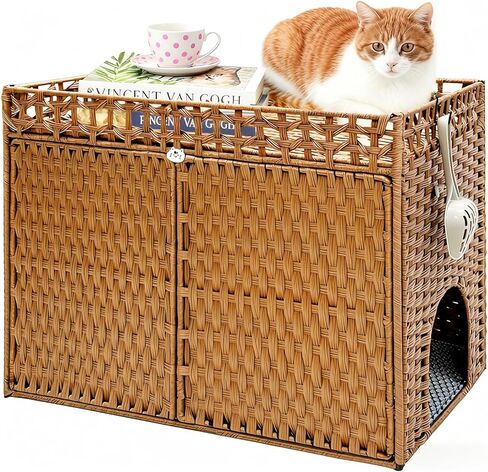 Homegroove Cat Litter Box Enclosure Furniture, Extra Large Hidden Litter Box with Soft Mat and Fence, Comfortable Handwoven Rattan Cat House with S-Shaped Hooks for Living Room, Bedroom (Camel) in Kuwait