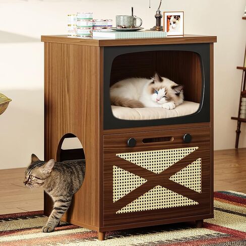 IRONCK TV على شكل صندوق فضلات القطط المخفي، أثاث صندوق فضلات القطط الكلاسيكي ذو طبقتين مع لوح خدش، طاولة جانبية خشبية لغرفة المعيشة، تصميم عمودي موفر للمساحة، خشب الجوز in Kuwait