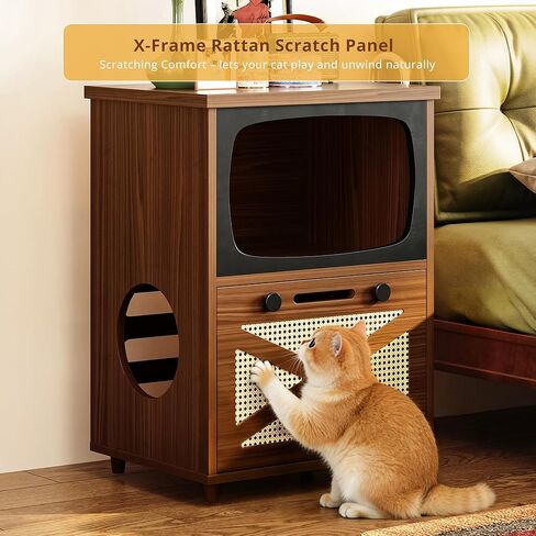 IRONCK TV على شكل صندوق فضلات القطط المخفي، أثاث صندوق فضلات القطط الكلاسيكي ذو طبقتين مع لوح خدش، طاولة جانبية خشبية لغرفة المعيشة، تصميم عمودي موفر للمساحة، خشب الجوز in Kuwait