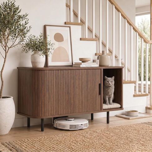 Cat Litter Box Enclosure Furniture with Scratching Pad & Sliding Door, 37.4" Hidden Litter Box Cabinet, Modern Indoor Cat House, TV Stand or Side Table for Living Room (Walnut) in Kuwait