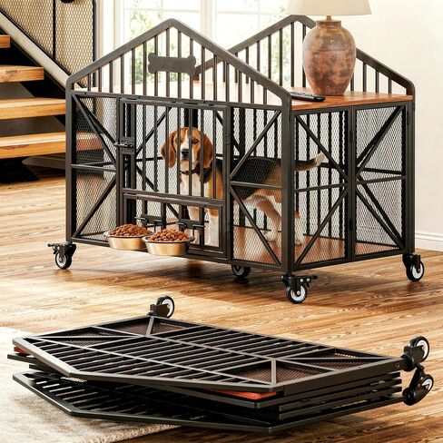 IRONCK 41.5" Foldable Dog Crate Furniture with 5 Wheels No Assembly Required, Wooden Dog Kennel with 2 Rotatable Dog Bowls & Name Tag, Rustic Brown in Kuwait