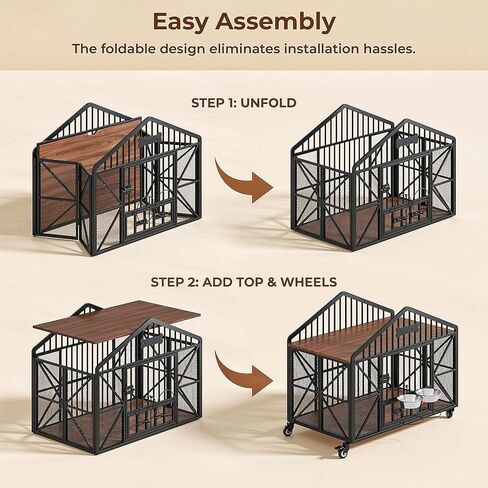 IRONCK 41.5" Foldable Dog Crate Furniture with 5 Wheels No Assembly Required, Wooden Dog Kennel with 2 Rotatable Dog Bowls & Name Tag, Rustic Brown in Kuwait