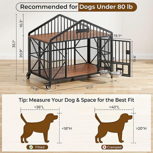 IRONCK 41.5" Foldable Dog Crate Furniture with 5 Wheels No Assembly Required, Wooden Dog Kennel with 2 Rotatable Dog Bowls & Name Tag, Rustic Brown in Kuwait