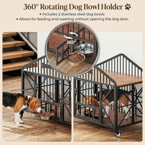 IRONCK 41.5" Foldable Dog Crate Furniture with 5 Wheels No Assembly Required, Wooden Dog Kennel with 2 Rotatable Dog Bowls & Name Tag, Rustic Brown in Kuwait