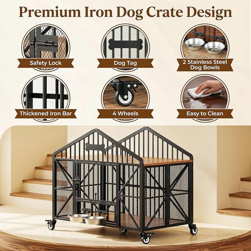 IRONCK 41.5" Foldable Dog Crate Furniture with 5 Wheels No Assembly Required, Wooden Dog Kennel with 2 Rotatable Dog Bowls & Name Tag, Rustic Brown in Kuwait