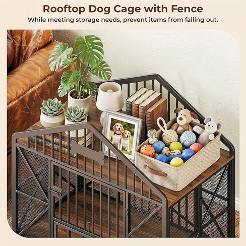 IRONCK 41.5" Foldable Dog Crate Furniture with 5 Wheels No Assembly Required, Wooden Dog Kennel with 2 Rotatable Dog Bowls & Name Tag, Rustic Brown in Kuwait