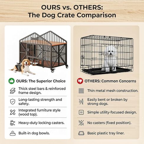 IRONCK 41.5" Foldable Dog Crate Furniture with 5 Wheels No Assembly Required, Wooden Dog Kennel with 2 Rotatable Dog Bowls & Name Tag, Rustic Brown in Kuwait