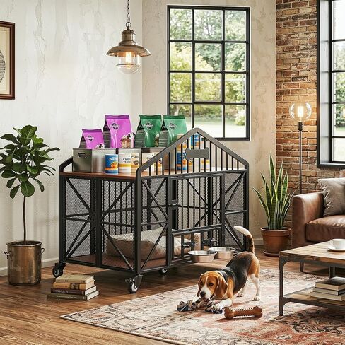IRONCK 41.5" Foldable Dog Crate Furniture with 5 Wheels No Assembly Required, Wooden Dog Kennel with 2 Rotatable Dog Bowls & Name Tag, Rustic Brown in Kuwait