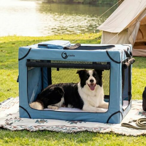 Portable Collapsible Dog Crate for Large Dogs, 4 Mesh Doors & 2 Storage Bags, Indoor Outdoor Travel Dog Kennel, Blue, 36" x 25" x 25" in Kuwait