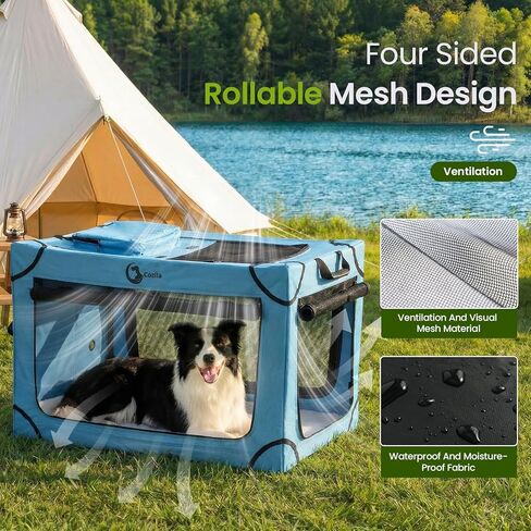 Portable Collapsible Dog Crate for Large Dogs, 4 Mesh Doors & 2 Storage Bags, Indoor Outdoor Travel Dog Kennel, Blue, 36" x 25" x 25" in Kuwait
