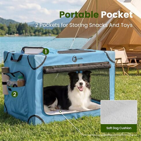 Portable Collapsible Dog Crate for Large Dogs, 4 Mesh Doors & 2 Storage Bags, Indoor Outdoor Travel Dog Kennel, Blue, 36" x 25" x 25" in Kuwait