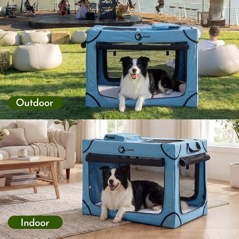 Portable Collapsible Dog Crate for Large Dogs, 4 Mesh Doors & 2 Storage Bags, Indoor Outdoor Travel Dog Kennel, Blue, 36" x 25" x 25" in Kuwait