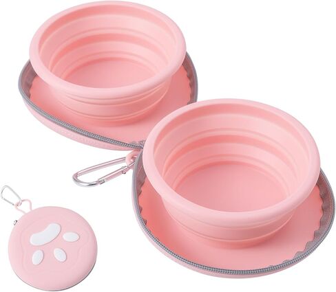 Dog Bowl for Travel, Collapsible Silicone Dog Dual Bowls with Dustproof Zip Case and Pet Paw Pattern 180 Degrees Flip Over Compact Foldable Feeder for Camping Hiking Trips in Kuwait