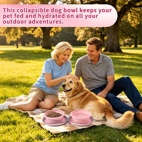 Dog Bowl for Travel, Collapsible Silicone Dog Dual Bowls with Dustproof Zip Case and Pet Paw Pattern 180 Degrees Flip Over Compact Foldable Feeder for Camping Hiking Trips in Kuwait