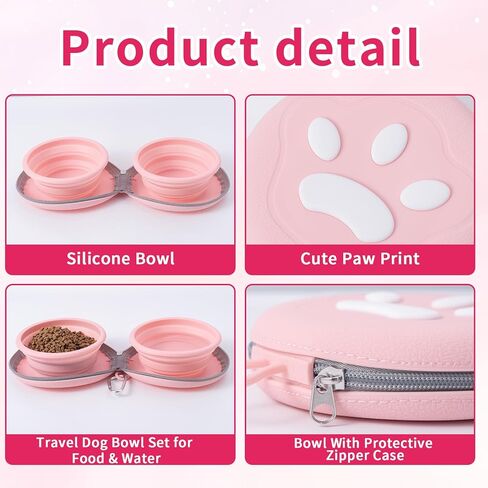 Dog Bowl for Travel, Collapsible Silicone Dog Dual Bowls with Dustproof Zip Case and Pet Paw Pattern 180 Degrees Flip Over Compact Foldable Feeder for Camping Hiking Trips in Kuwait