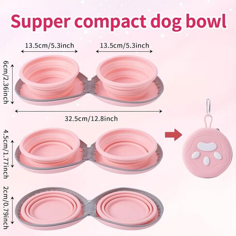 Dog Bowl for Travel, Collapsible Silicone Dog Dual Bowls with Dustproof Zip Case and Pet Paw Pattern 180 Degrees Flip Over Compact Foldable Feeder for Camping Hiking Trips in Kuwait