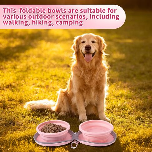 Dog Bowl for Travel, Collapsible Silicone Dog Dual Bowls with Dustproof Zip Case and Pet Paw Pattern 180 Degrees Flip Over Compact Foldable Feeder for Camping Hiking Trips in Kuwait