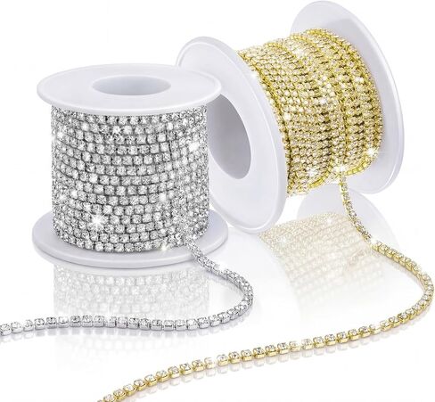 Hicarer 2 Rolls 5 Yards 2 mm Crystal Rhinestone Close Chain Trim for Sewing Shoes Clothes Cups Rhinestone Chain for Craft Jewelry Wedding Bouquet DIY Decoration Silver in Kuwait