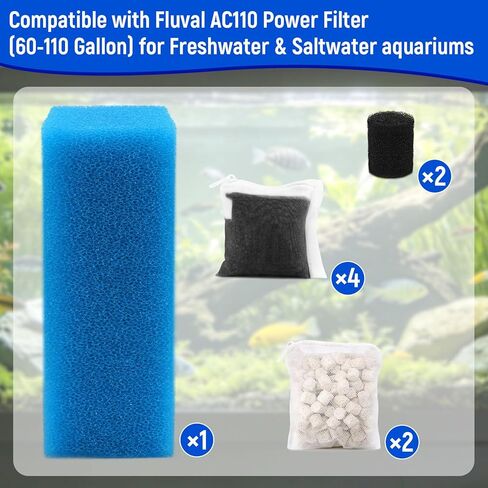 مجموعة أدوات صيانة وسائط فلتر حوض السمك Big Peng AC110 المتوافقة مع مرشحات الطاقة Aquaclear Fluval AC110، تتضمن 1 رغوة زرقاء، 4 كربون منشط، 2 حبيبات BioMax، 2 إسفنجة مصفاة سحب in Kuwait