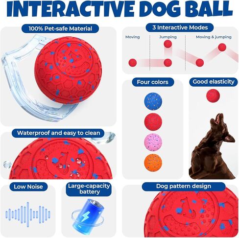 Fsitego Dog Balls: Interactive Dog Ball Auto Rolling - Interactive Dog Toys for Aggressive Chewers - Bouncy & Throwable, Type-C Rechargeable, Washable, for Small & Medium & Large Dogs – Red in Kuwait