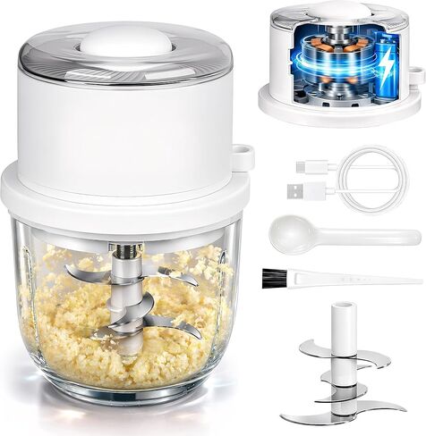 Electric Garlic Chopper, 350ML Glass Bowl Mini Food Processor with 6 Stainless Steel Blades, Press High-Speed Grinder for Onion, Garlic & Ground Meat, Perfect for Senior Meals & Fitness Prep (White) in Kuwait