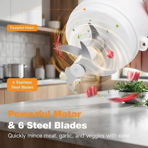 Electric Garlic Chopper, 350ML Glass Bowl Mini Food Processor with 6 Stainless Steel Blades, Press High-Speed Grinder for Onion, Garlic & Ground Meat, Perfect for Senior Meals & Fitness Prep (White) in Kuwait