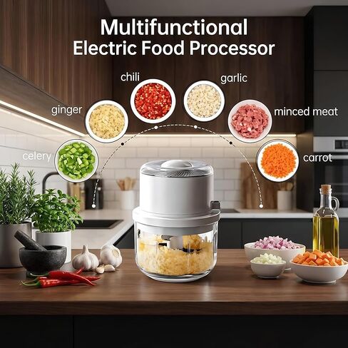 Electric Garlic Chopper, 350ML Glass Bowl Mini Food Processor with 6 Stainless Steel Blades, Press High-Speed Grinder for Onion, Garlic & Ground Meat, Perfect for Senior Meals & Fitness Prep (White) in Kuwait